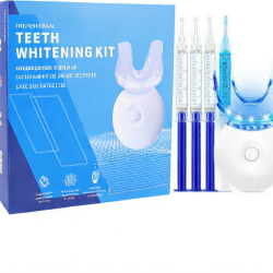 Teeth whitening kit with packaging, light, and syringes on a white background

